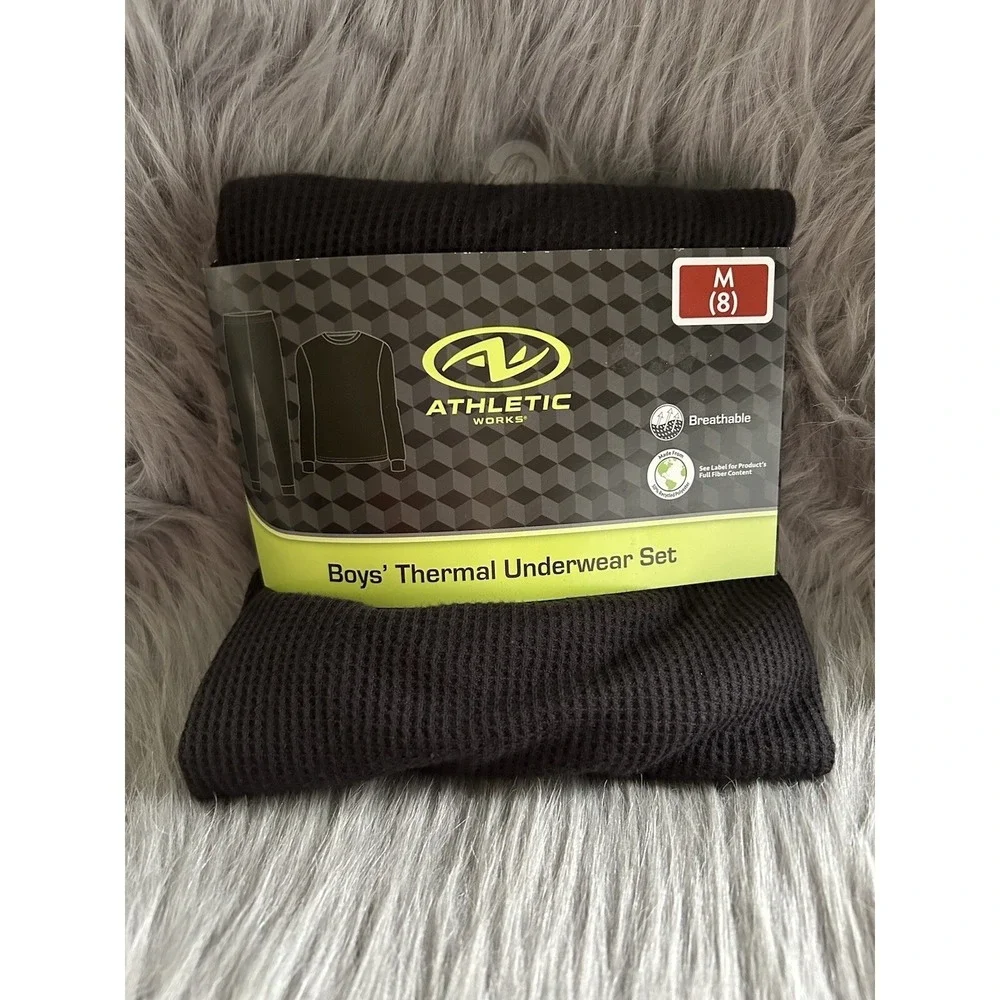 Athletic Works Thermal Underwear Set Boys Size Medium Black Waffle Pajama Set